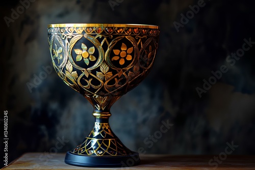Gleaming Gold Trophy Cup on Wooden Table - Symbol of Achievement and Victory in Competition, Dark Background, Copy Space for Text. 
