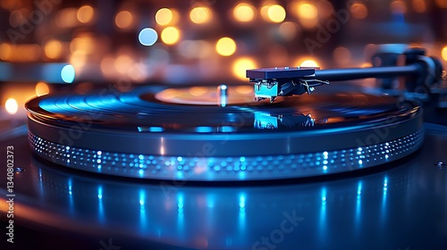 Obraz na płótnie Close-up of an old turntable with a vinyl record, vintage style, warm tones, soft focus on the needle and base station, nostalgic atmosphere, retro aesthetic. w salonie