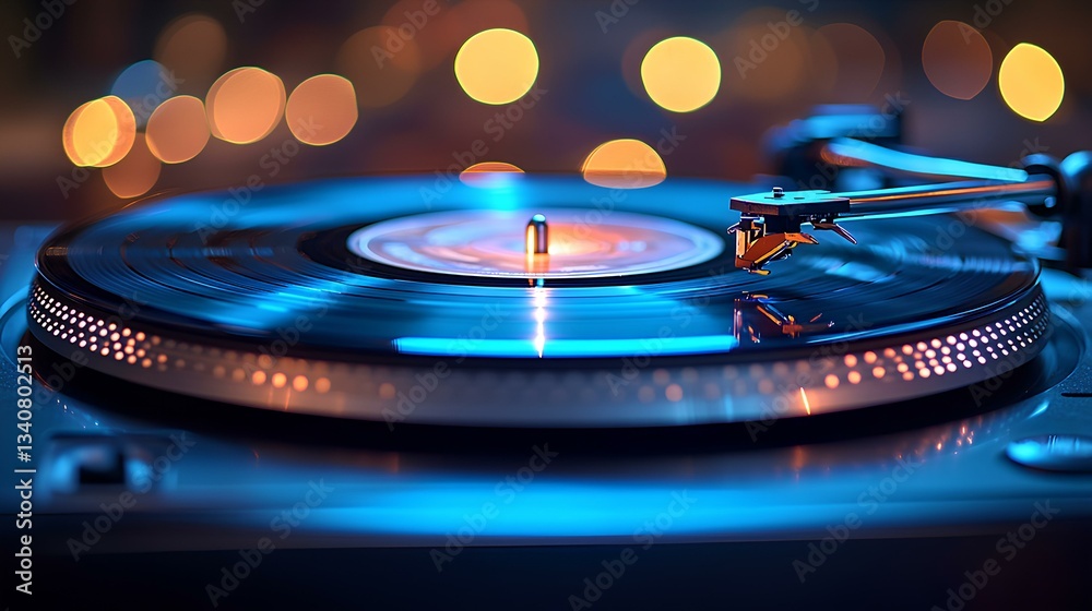 Close-up of an old turntable with a vinyl record, vintage style, warm tones, soft focus on the needle and base station, nostalgic atmosphere, retro aesthetic