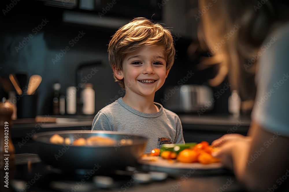 happy Caucasian boy in the kitchen cooking with Mom, high definition