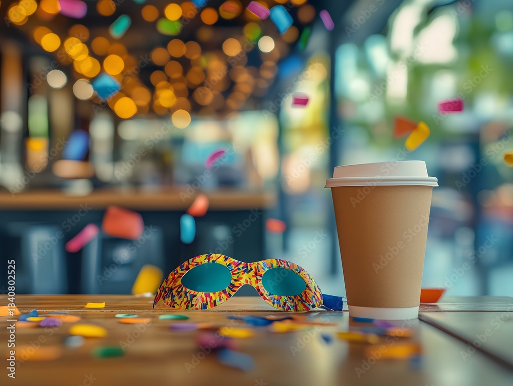 table with carnival mask lying on the table, colourful streamers and paper coffee cups
