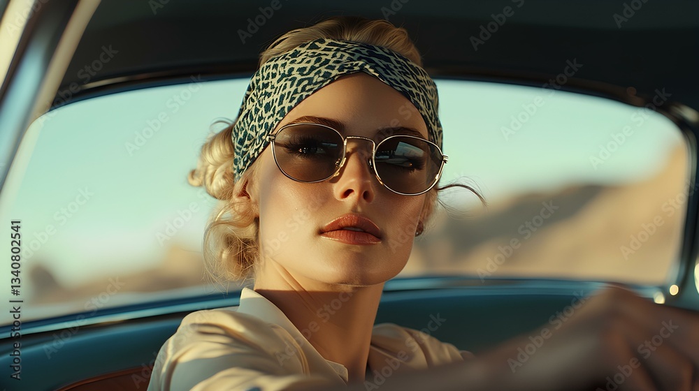 A stylish blonde girl from the 1950s, wearing a head covering bandanna over her hair and sunglasses, exudes elegance as she drives a vintage car