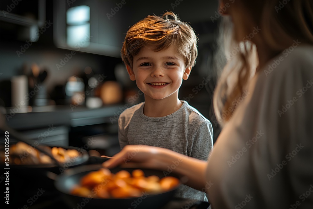 happy Caucasian boy in the kitchen cooking with Mom, high definition