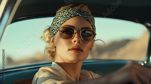 Obraz na płótnie A stylish blonde girl from the 1950s, wearing a head covering bandanna over her hair and sunglasses, exudes elegance as she drives a vintage car w salonie