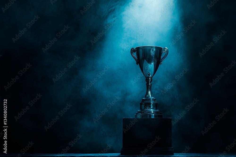 Gleaming Gold Trophy Cup on Wooden Table - Symbol of Achievement and Victory in Competition, Dark Background, Copy Space for Text
