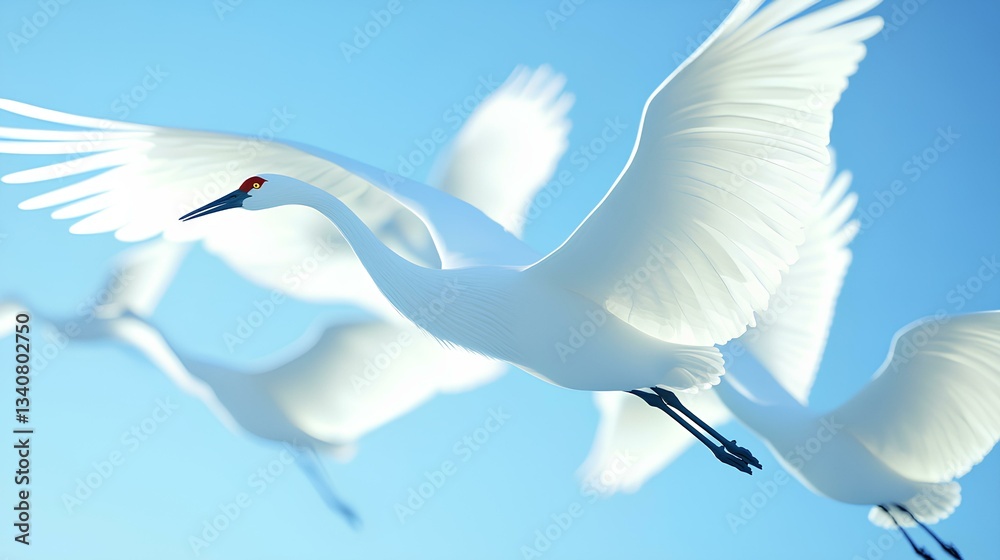 A group of white cranes flying in the sky, spread their wings and fly forward at an angle, with clear details. The blue background highlights them, creating a spectacular scene
