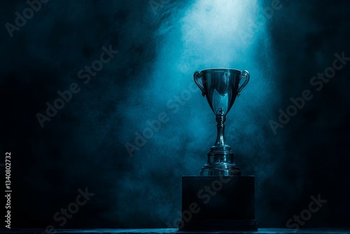 Obraz na płótnie Gleaming Gold Trophy Cup on Wooden Table - Symbol of Achievement and Victory in Competition, Dark Background, Copy Space for Text w salonie