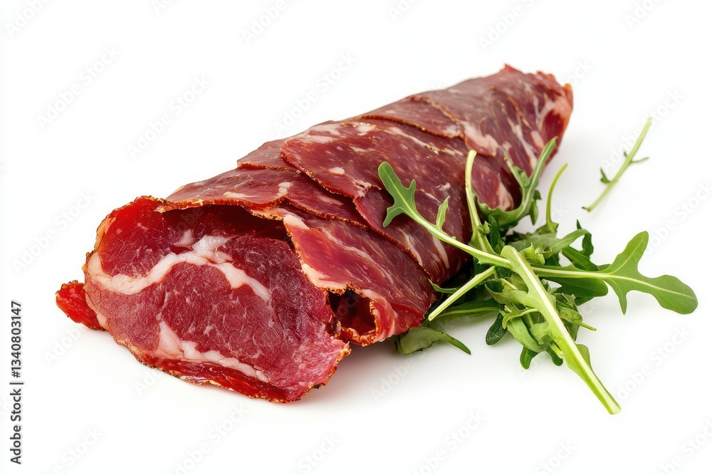 Elegant coppa on clean white background with arugula garnish studio shot in bright light Elegant coppa on clean white background with arugula garnish studio shot in bright light