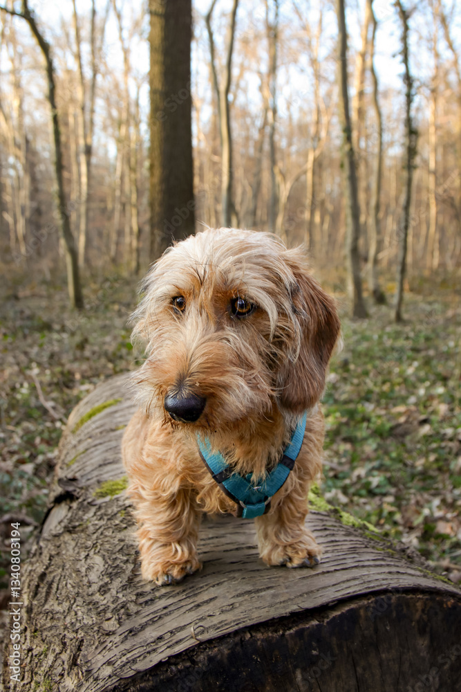 kleiner dackel sitzt im wald auf einem baumstamm