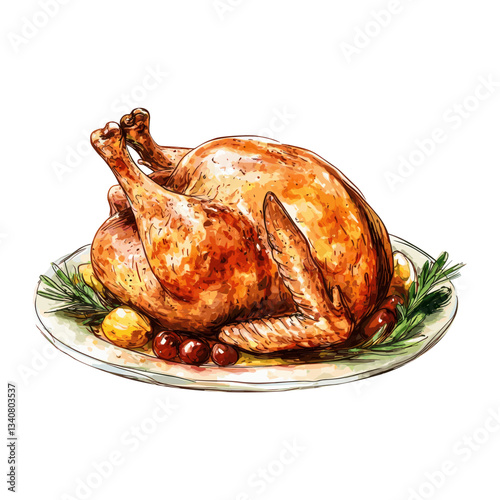 Illustration whole roasted chicken background white watercolor vector