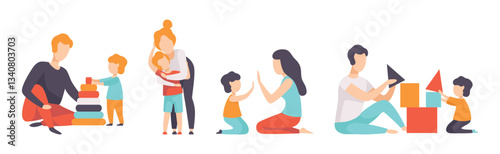 Man and Woman Parent Playing with Kids Vector Set