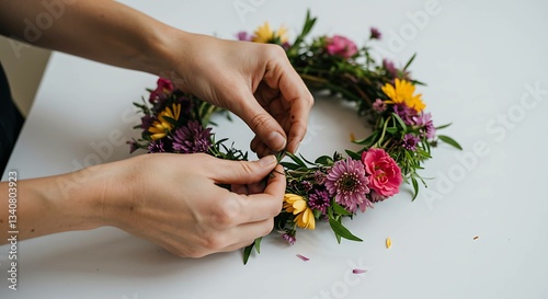 Hand arranging colorful flower crown on white table  