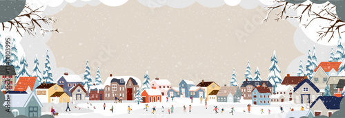 Christmas Background,Winter Village Landscape night sky,cloud border frame,snow on pine tree,house, City Night people celebration in the park,Vector Xmas card,Horizon banner Winter wonderland for kid