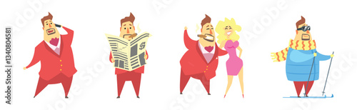 Fat Rich Millionaire Man in Red Suit Vector Set