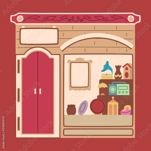 A charming antique store with a vintage-style facade and various collectibles on display