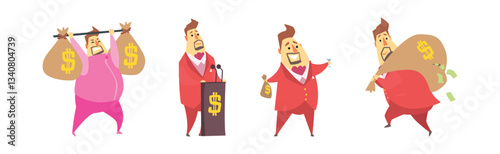 Fat Rich Millionaire Man in Red Suit Vector Set