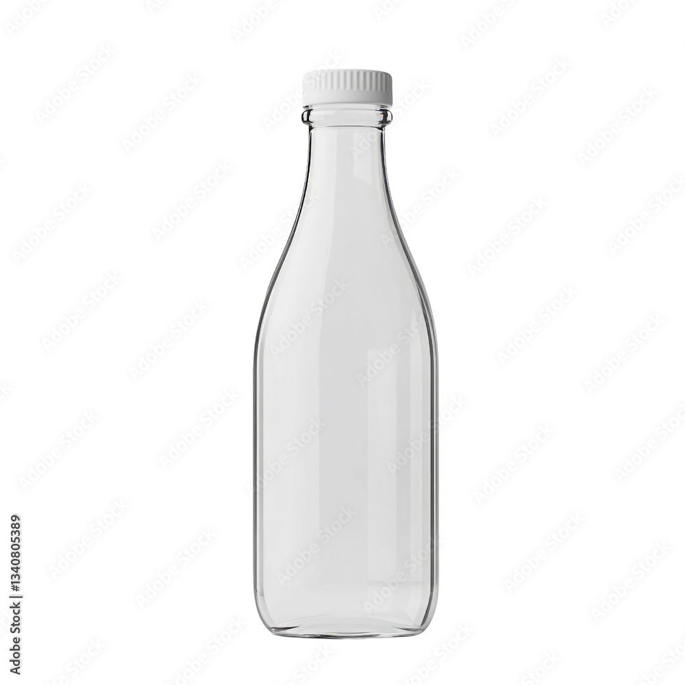 A clear glass bottle stands upright with a white plastic cap. Its transparent design is ideal for showcasing contents, suitable for beverage or dairy packaging A clear glass bottle stands upright with a white plastic cap. Its transparent design is ideal for showcasing contents, suitable for beverage or dairy packaging