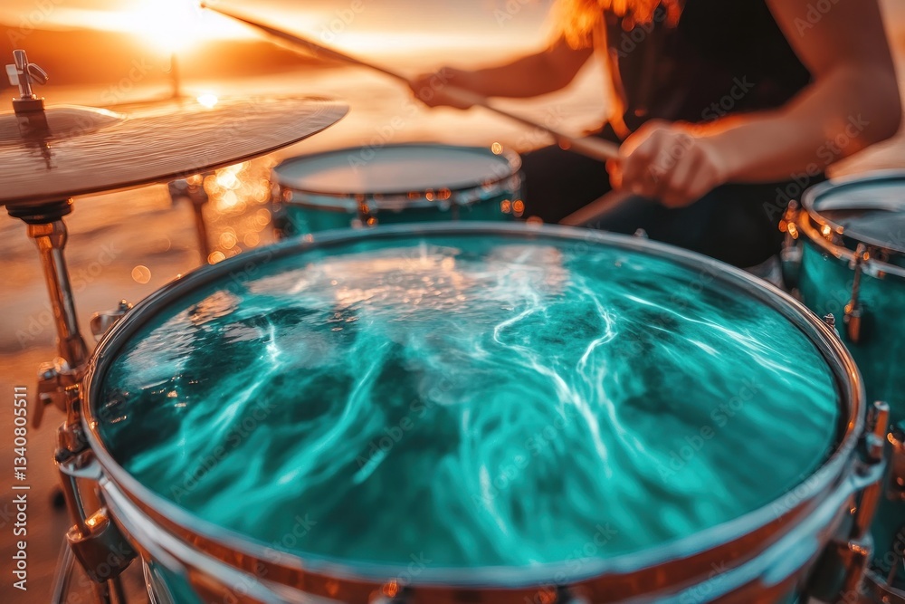 Obraz premium Sunset Drum Solo: Teal Drum Set at Golden Hour
