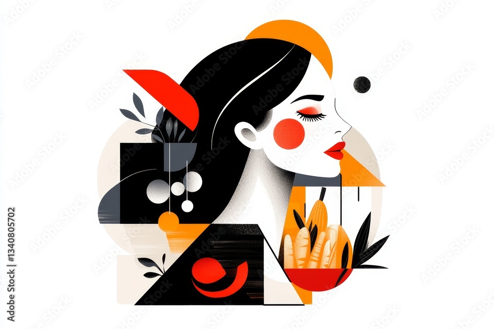 Fototapeta premium A flat vector design of a girl holding a bag filled with groceries, with bold, geometric shapes and a crisp white background