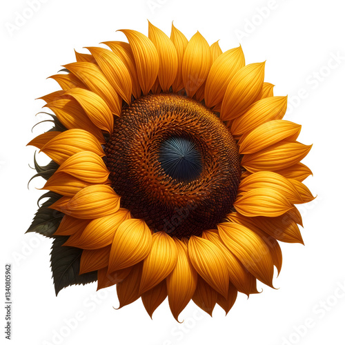 Ripe sunflower with yellow petals and dark middle, isolated on white background