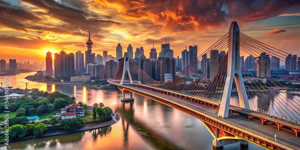 Obraz premium Stunning Chinese Cityscape: Suspension Bridge & Downtown Architecture at Dusk