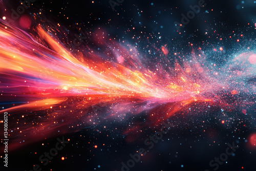 A vibrant cosmic stream of fiery energy and shimmering stardust across a dark, starry expanse.