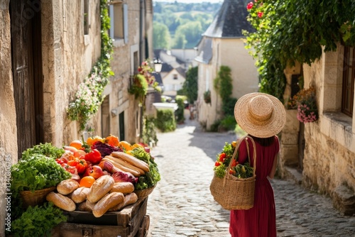 A girl carrying a grocery bag filled with baguettes and fresh produce, walking through a charming European street