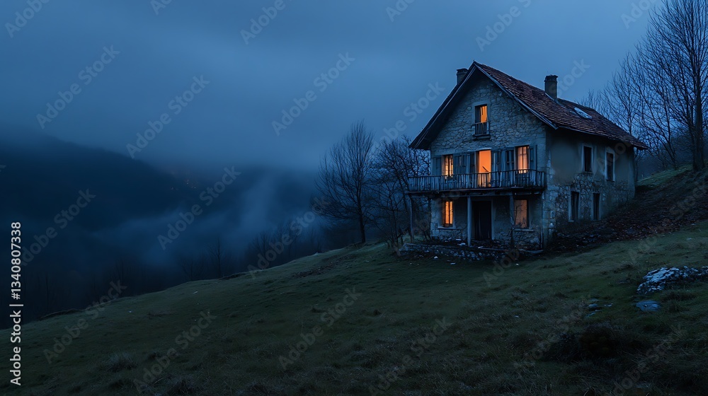 Fototapeta premium Lonely House on a Foggy Hill at Dusk
