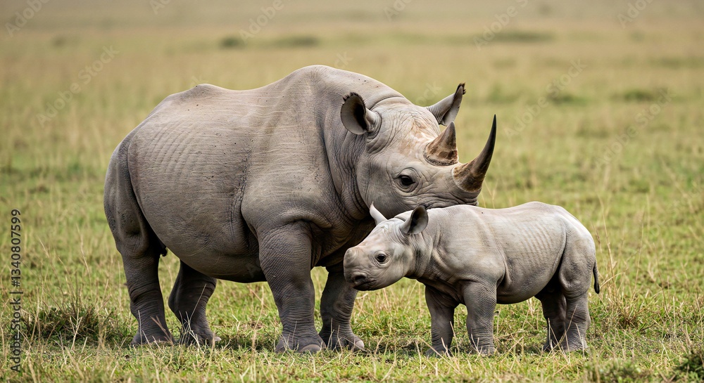 Obraz premium A Mother Black Rhinoceros and Her Calf
