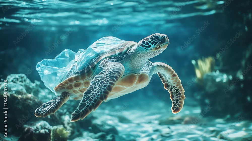 Fototapeta premium Ocean turtle entangled plastic bag coral reef pollution awareness