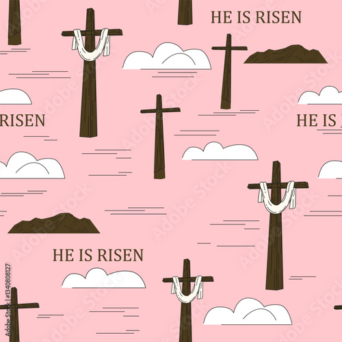 He is risen Easter seamless pattern, cross sky, cloud
