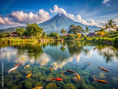 Stunning Sindoro Mountain Landscape, Embung Kledung Lake, Central Java, Indonesia - Wallpaper Background photo