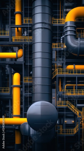 Industrial Pipes and Metal Structures: A 3D Render of Complex Piping Systems