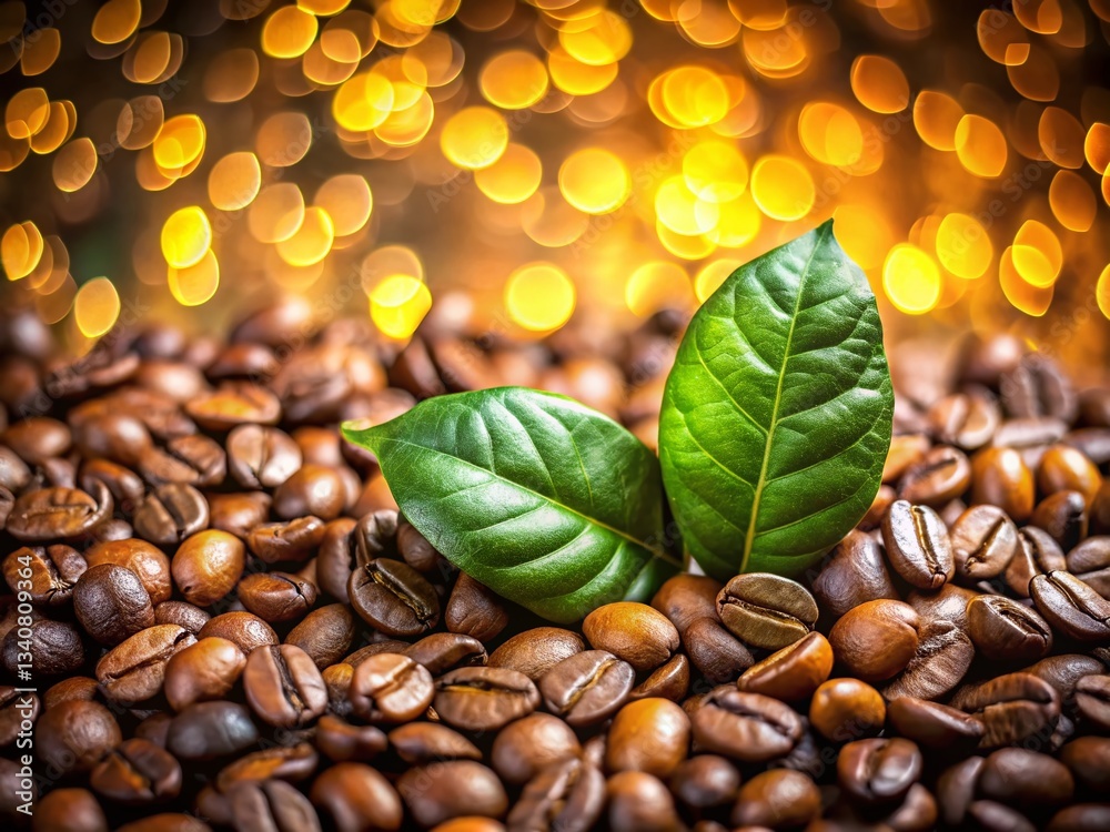 Obraz premium Stylish Black & White Coffee Bean & Leaf Pattern Background - Bokeh Effect Stock Photo