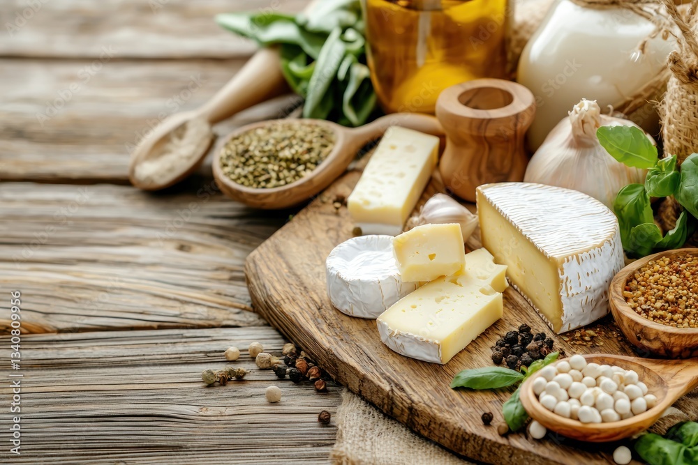 Artisan Cheese Assortment on Wooden Cutting Board with Herbs and Olive Oil in Rustic Setting Artisan Cheese Assortment on Wooden Cutting Board with Herbs and Olive Oil in Rustic Setting