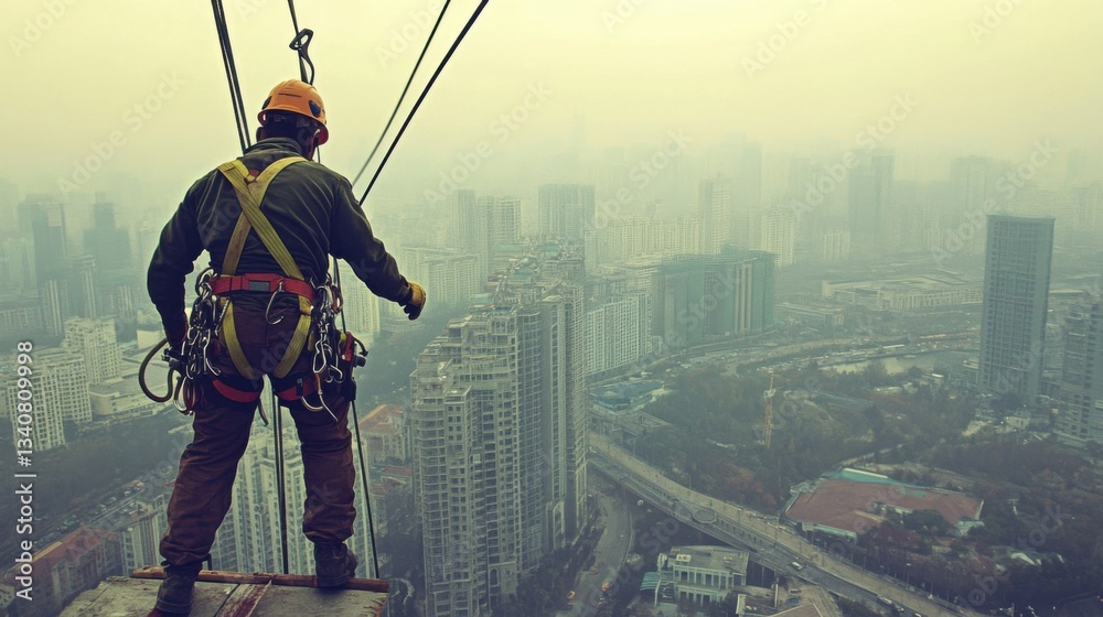 Naklejka premium Highrise worker overlooking cityscape.
