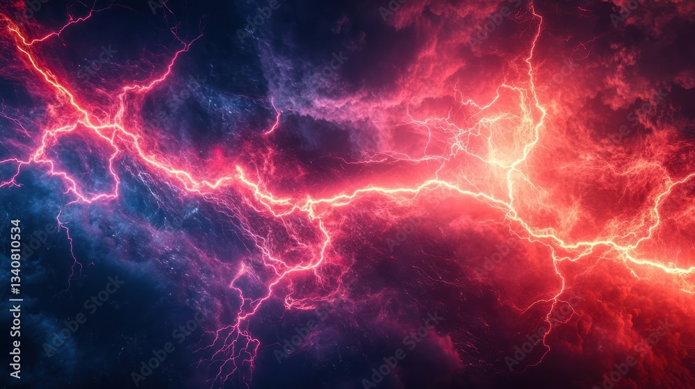 Fiery red & blue lightning storm; cosmic background; energy; power