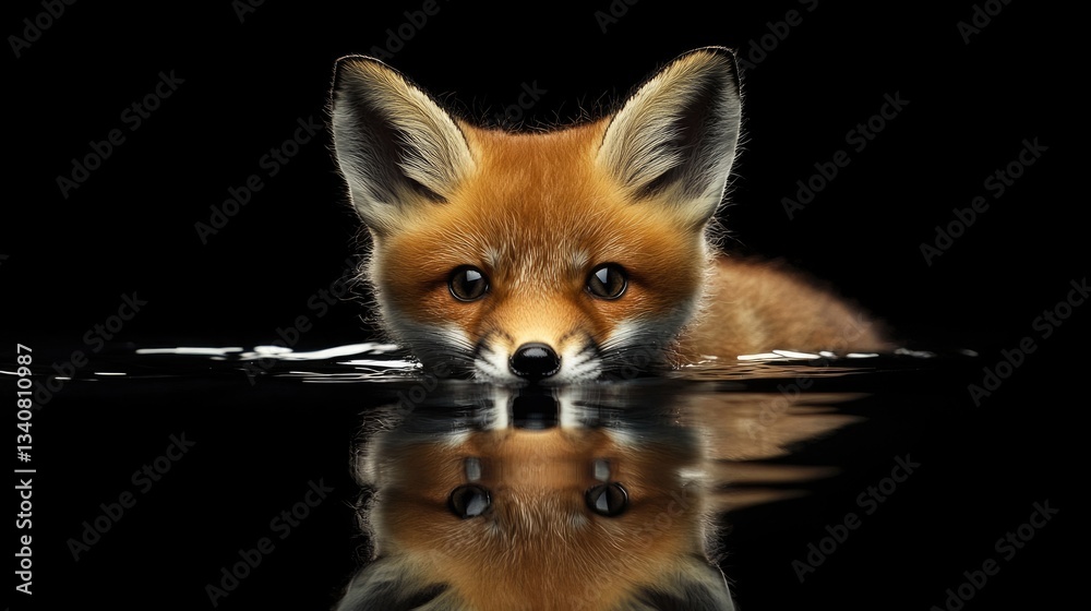 Obraz premium Fox Swimming. Young Red Fox in Water with Reflections, Small Wild Animal