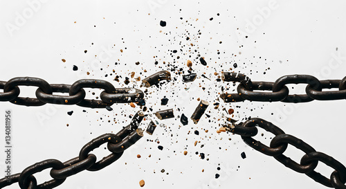 Breaking the Shackles: A powerful visual of a chain shattering into pieces, symbolizing freedom and liberation in a raw, emotive, and evocative artistic composition.