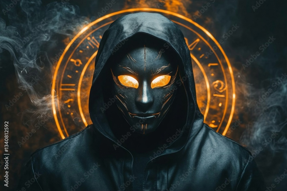 A masked sorcerer standing in the center of an ancient ritual circle, with their ornate mask glowing faintly and magical energy swirling around them A masked sorcerer standing in the center of an ancient ritual circle, with their ornate mask glowing faintly and magical energy swirling around them