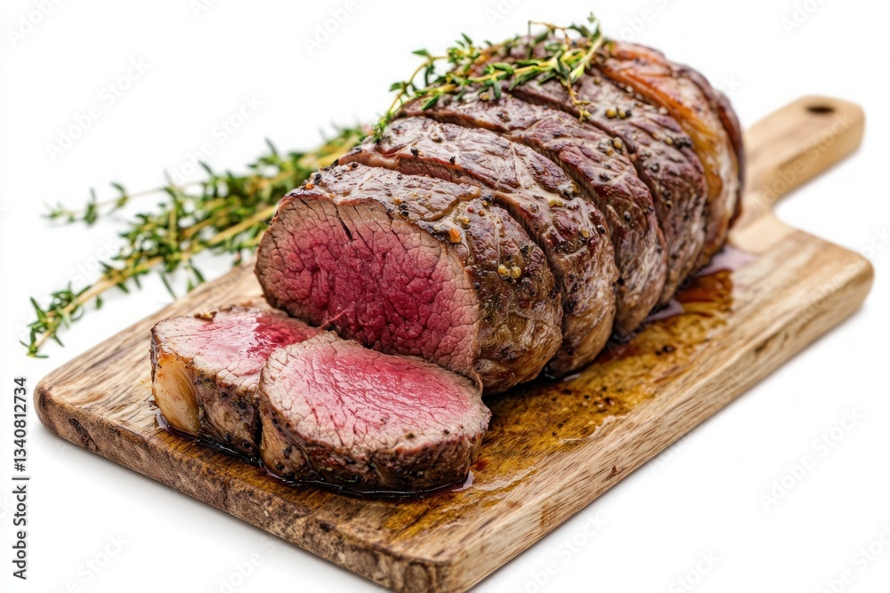 Exquisite roast beef sliced on wooden board with aromatic thyme herb raw ingredient delicious flavor taste Exquisite roast beef sliced on wooden board with aromatic thyme herb raw ingredient delicious flavor taste
