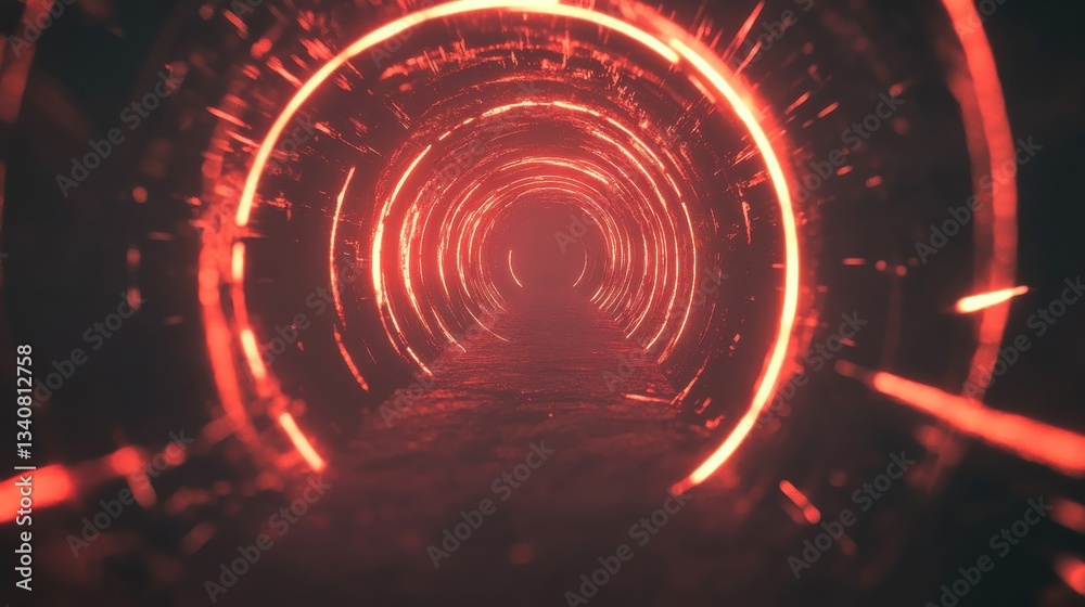 Obraz premium Infinitely Spiraling Red Light Tunnel with Abstract Background