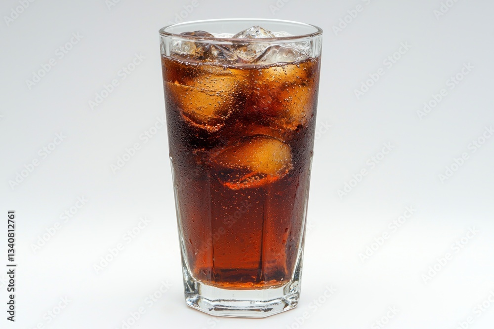 Refreshing moment with iced fizz a close up shot of cool bubbly drink with ice in glass against white backdrop Refreshing moment with iced fizz a close up shot of cool bubbly drink with ice in glass against white backdrop