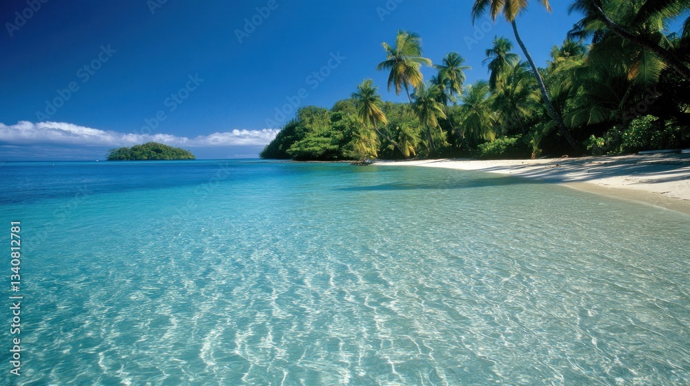 Fototapeta premium Tropical Paradise: Idyllic Beach Scene with Crystal Clear Water and Lush Palm Trees