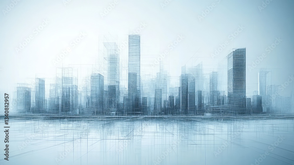 Fototapeta premium Abstract futuristic cityscape design with ethereal blue tones reflecting below