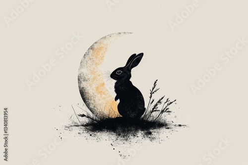 A minimalist illustration of a rabbit hopping across a crescent moon, using soft curves and muted tones for an elegant composition
