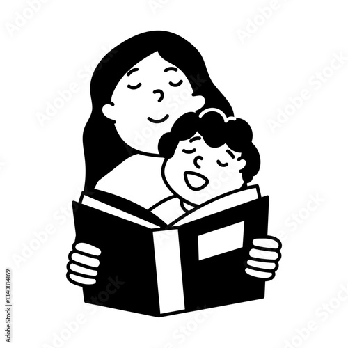 Doodle illustration of a mom reading book to kid
