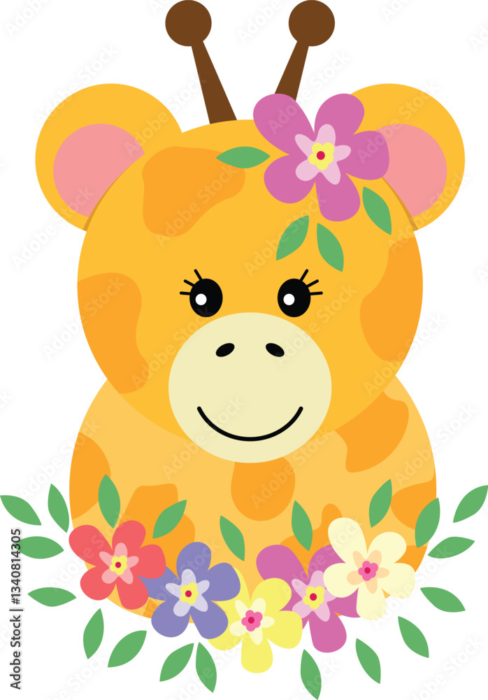 Naklejka premium Cute giraffe with wreath floral on head