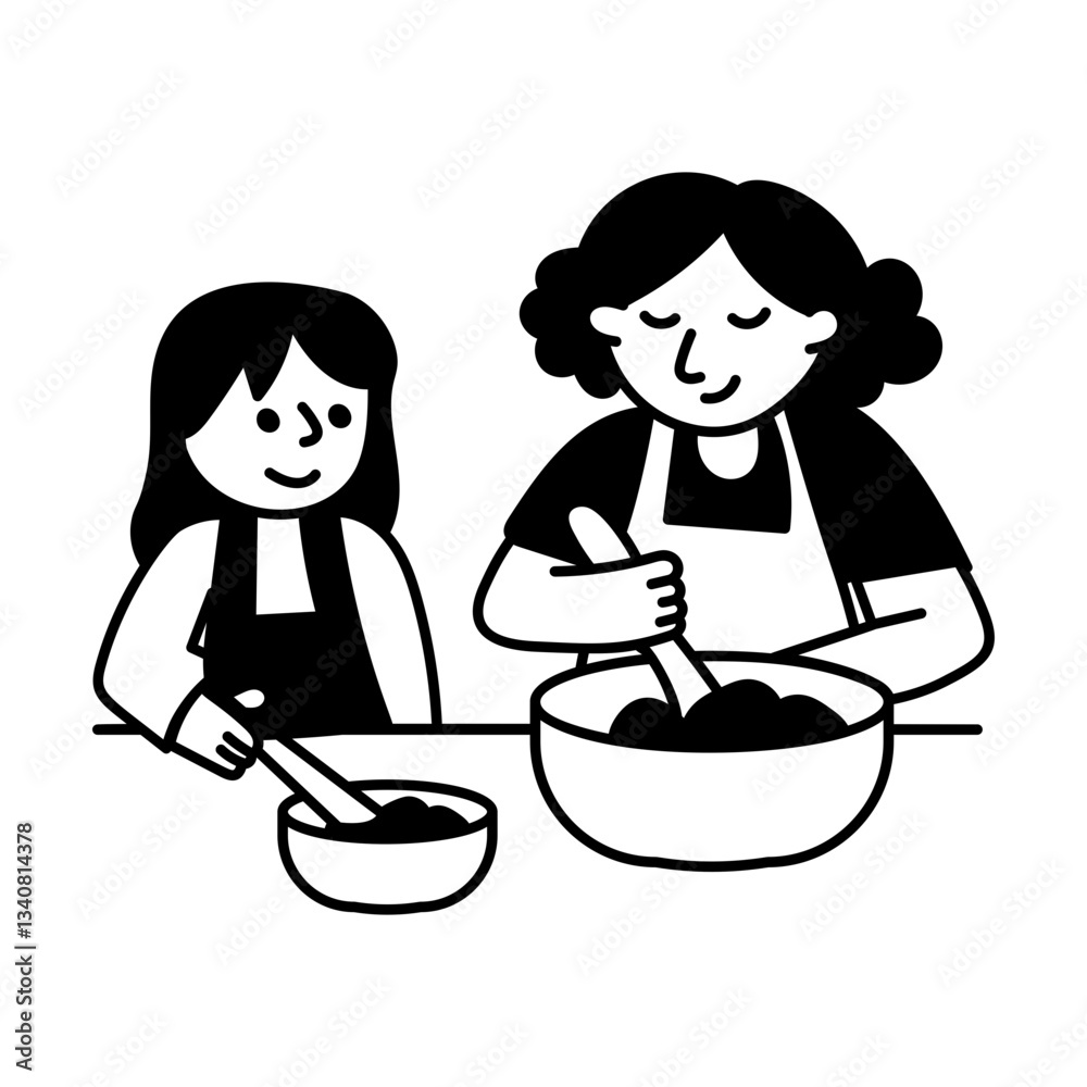 Mom and daughter baking together, hand drawn illustration
Mom and daughter baking together, hand drawn illustration