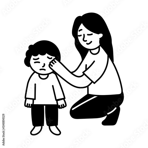 Mom wiping tears of crying kid, hand drawn illustration 
